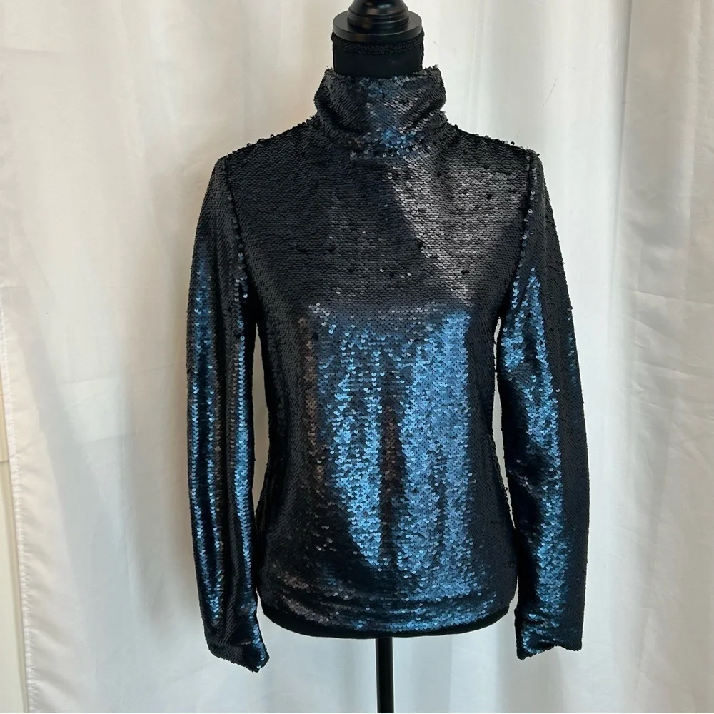 Simons Icone Matte blue Sequin high neck long sleeve top Sz S